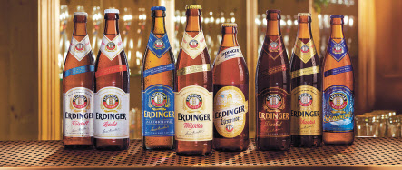에딩거의 맥주 제품들. 왼쪽부터 크리스탈, 라이트, 무알콜, 바이스비어, 우르바이스, 둔켈, 피칸투스, 겨울맥주인 슈네바이스. [에딩거 제공]