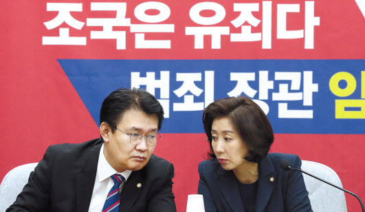 나경원(오른쪽) 자유한국당 원내대표가 10일 오전 국회에서 열린 원내대책회의에서 정용기 정책위의장과 이야기하고 있다. [연합]
