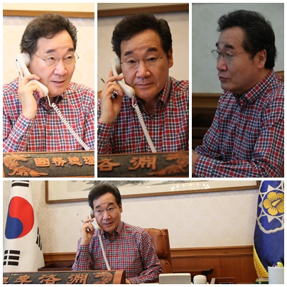 이낙연 국무총리가 추석 연휴 첫날인 12일 오후 서울 삼청동 총리 공관에서 이상근 청해부대장 등 9명의 국민과 전화 통화를 하고 있다.［연합］