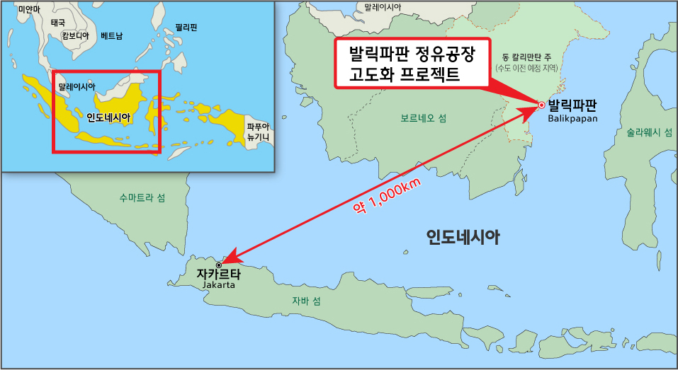 [이미지=인도네시아 발릭파판 정유공장 현장위치도]