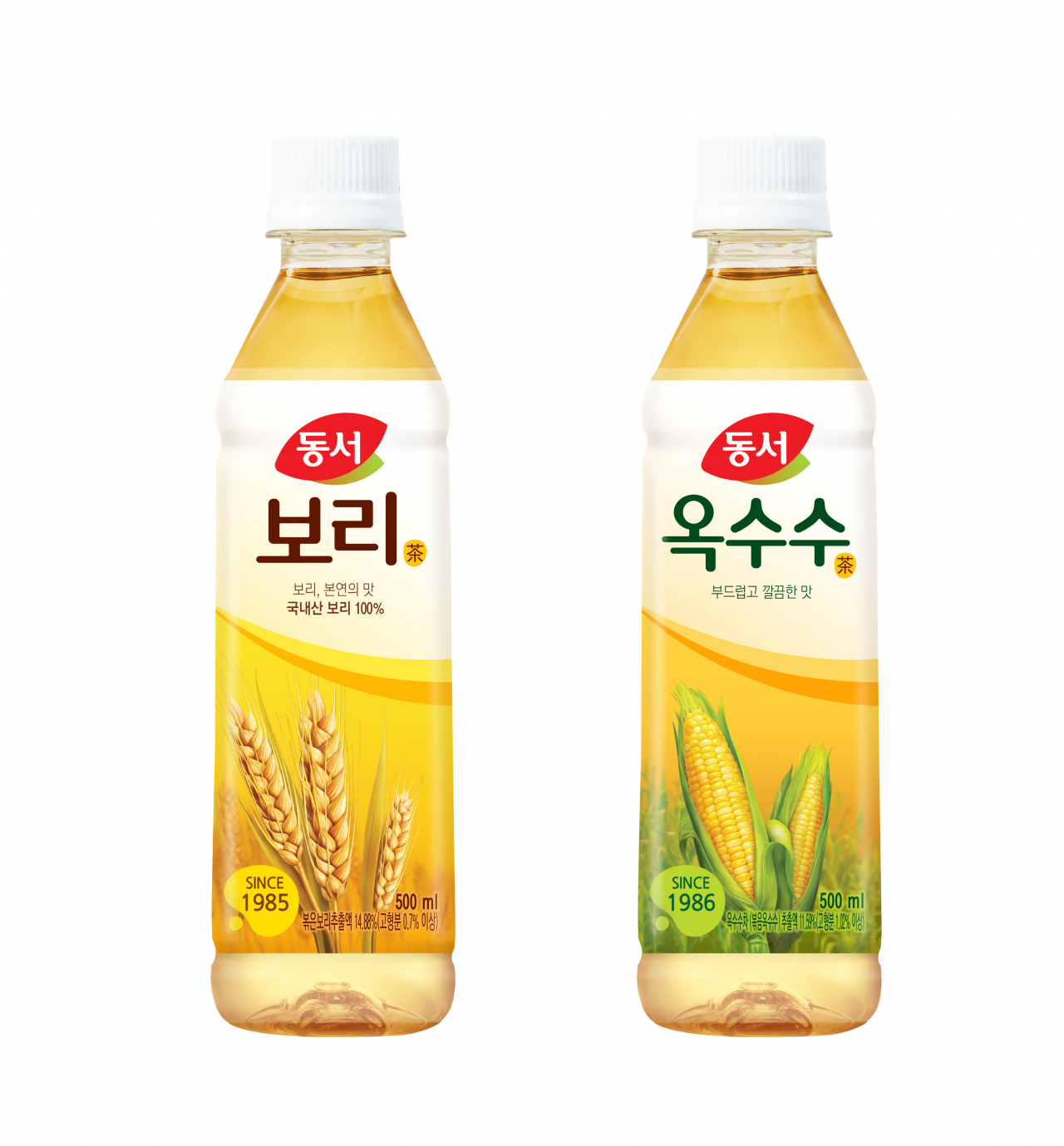 리뉴얼 출시된 '동서 보리차'(왼쪽)와 '동서 옥수수차' 제품 이미지 [제공=동서식품]