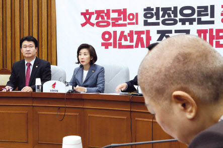 나경원 자유한국당 원내대표가 17일 오전 국회에서 열린 원내대책회의에서 발언하고 있다. 오른쪽은 지난 11일 삭발한 박인숙 의원. [연합]