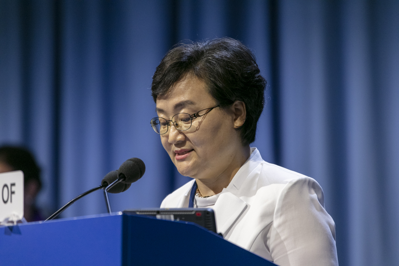 제63차 국제원자력기구(IAEA)에서 기조연설을 하는 문미옥 과학기술정보통신부 1차관 [과기정통부 제공]