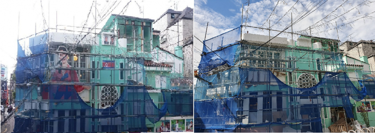 〈사진〉 서울시 마포구 서교동에 있는 북한식 술집 공사현장. 지난 16일까지 부착돼있던 인공기와 김일성부자 초상화를 포함한 모든 외벽 인테리어가 현재 18일에는 철거된 상태다. [사진=김민지 기자/jakmeen@heraldcorp.com]