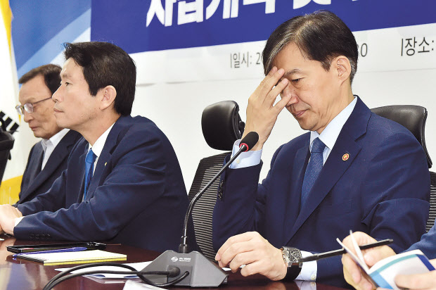 조국 법무부 장관이 18일 국회 의원회관에서 열린 더불어민주당 사법개혁 및 법무개혁 당정협의에 참석, 뭔가를 생각하고 있다. 왼쪽부터 이해찬 민주당 대표, 이인영 원내대표. 조 장관은 이 자리에서 검찰의 피의사실 공표 방지 강화를 위한 공보준칙 개정과 관련해 “관계기관의 폭넓은 의견 수렴을 거치고 제 가족 수사가 마무리된 후에 시행되도록 하겠다”고 했다. 정희조 기자/checho@