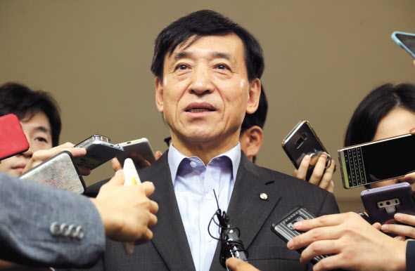 이주열 한국은행 총재가 19일 오전 서울 중구 한은 본관으로 출근하며 새벽 미국 연방준비제도의 기준금리 인하 결정과 향후 통화정책 운용방향에 대한 질문에 답하고 있다. [연합]