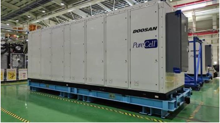 두산퓨얼셀이 생산하고 있는 발전용량 440kW 연료전지. 이 연료전지 하나는 900여 세대가 쓸 수 있는 전기 공급이 가능하다. [㈜두산 제공]