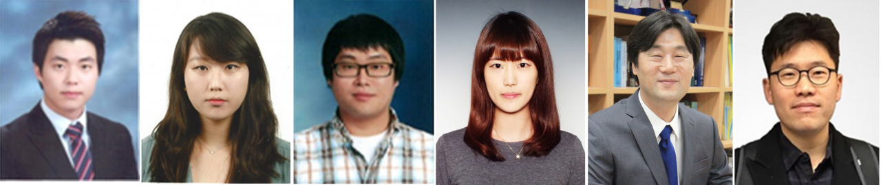 2차 전지 충전용량 기술 개발에 성공한 공동 연구팀. 왼쪽부터 동국대 조미루 박사, 성균관대 김윤옥 박사, 동국대 양정훈 박사, 성균관대 정미희 박사과정, 성균관대 윤원섭 교수, 고려대 강용묵 교수