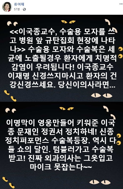 25일 류여해 전 자유한국당 최고위원이 자신의 페이스북에 올린 글. [류여해 페이스북 캡처]