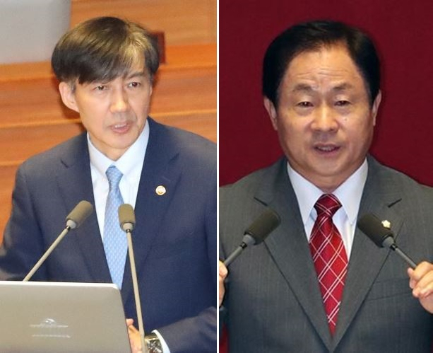 조국 법무부 장과(왼쪽)이 검사와 통화한 사실을 공개한 주광덕 의원(오른쪽)