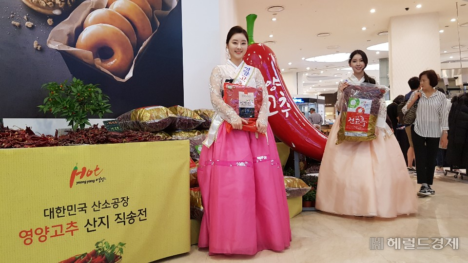 영양군이 롯데백화점 부산 광복점에서 영양고추 특별판매 행사를 진행하고 있다.[영양군 제공]