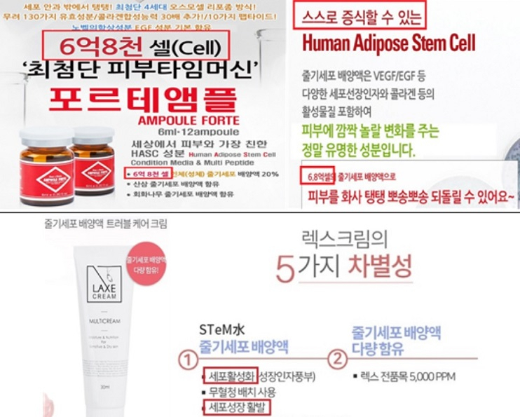 식약처가 30일 공개한 줄기세포 표방 화장품의 불법 과대광고의 예.