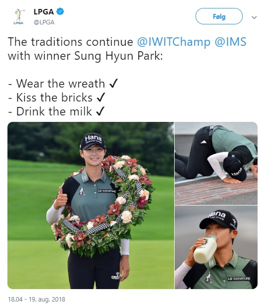 지난해 미국 여자프로골프(LPGA) 투어 인디 위민 인 테크(IWIT) 챔피언십에서 우승한 박성현이 ‘우유 세리머니’를 하는 모습. [LPGA 트위터 캡처]