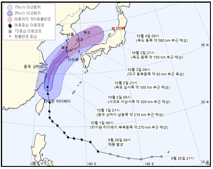 제 18호 태풍 미탁이 예상보다 빠른 3일 0시 전남 목포에 도착할 것으로 보인다고 기상청이 1일 전망했다. [기상청 누리집 캡처]