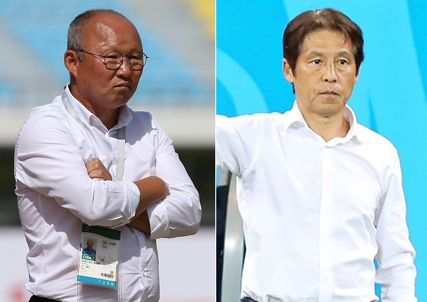 베트남 축구대표팀 박항서 감독(왼쪽)과 태국 축구대표팀 니시노 아키라 감독. [연합]