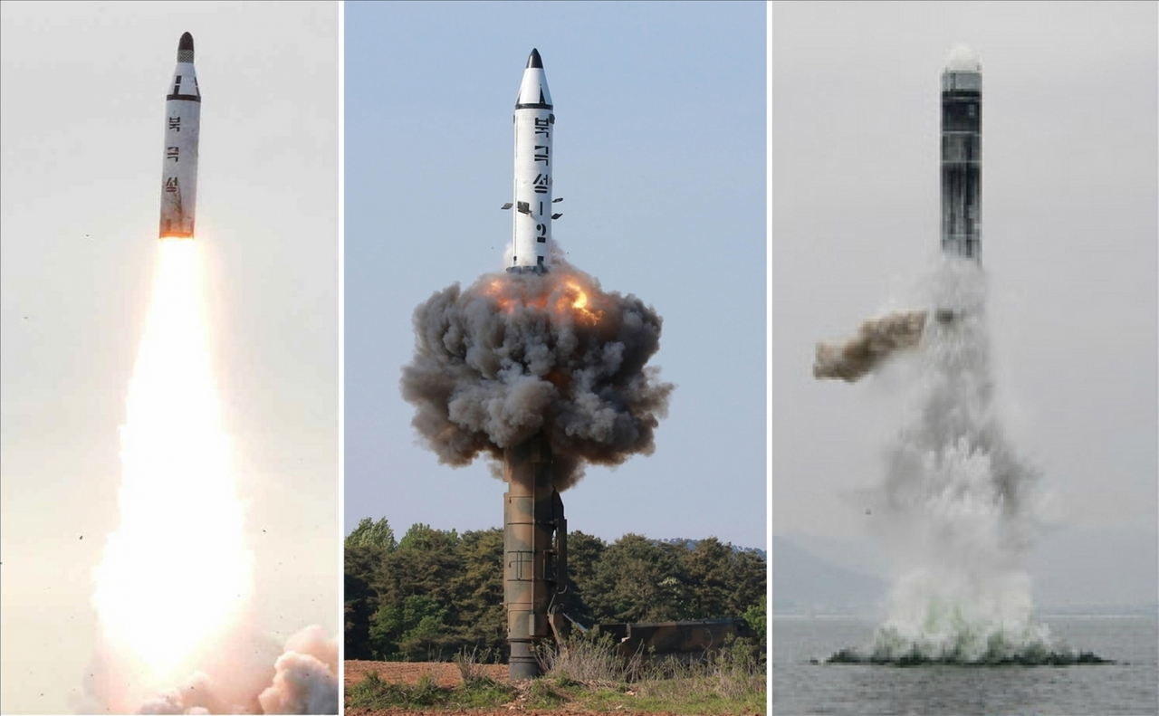 북한이 2016년 8월 시험발사한 잠수함발사탄도미사일(SLBM) '북극성-1형'과 2017년 2월 지상발사용으로 개조해 발사한 '북극성-2형', 맨 오른쪽은 3일 공개한 신형 SLBM '북극성-3형'. [연합]
