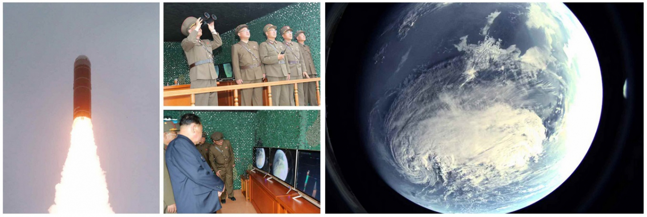 북한 노동당 기관지 노동신문은 4일 지난 2일 쏜 잠수함발사탄도미사일(SLBM) ‘북극성-3형’ 시험발사 성공을 ‘초대형급 조선 충격’이라고 표현해가며 대대적인 선전에 나섰다. 북한이 공개한 북극성-3형이 대기권 밖에서 촬영한 것으로 보이는 지구 사진과 이를 지켜보는 북한 당과 국방과학원 관계자들. [헤럴드DB]
