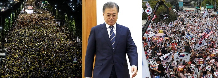 지난달 주말인 28일 검찰 개혁을 촉구하는 서초동 집회(왼쪽)와 지난 3일 개천절날 조국 장관의 임명 철회를 요구하는 광화문 집회(오른쪽)에 대해 문재인 대통령의 공식 입장 발표가 나오지 않고 있다. [연합]