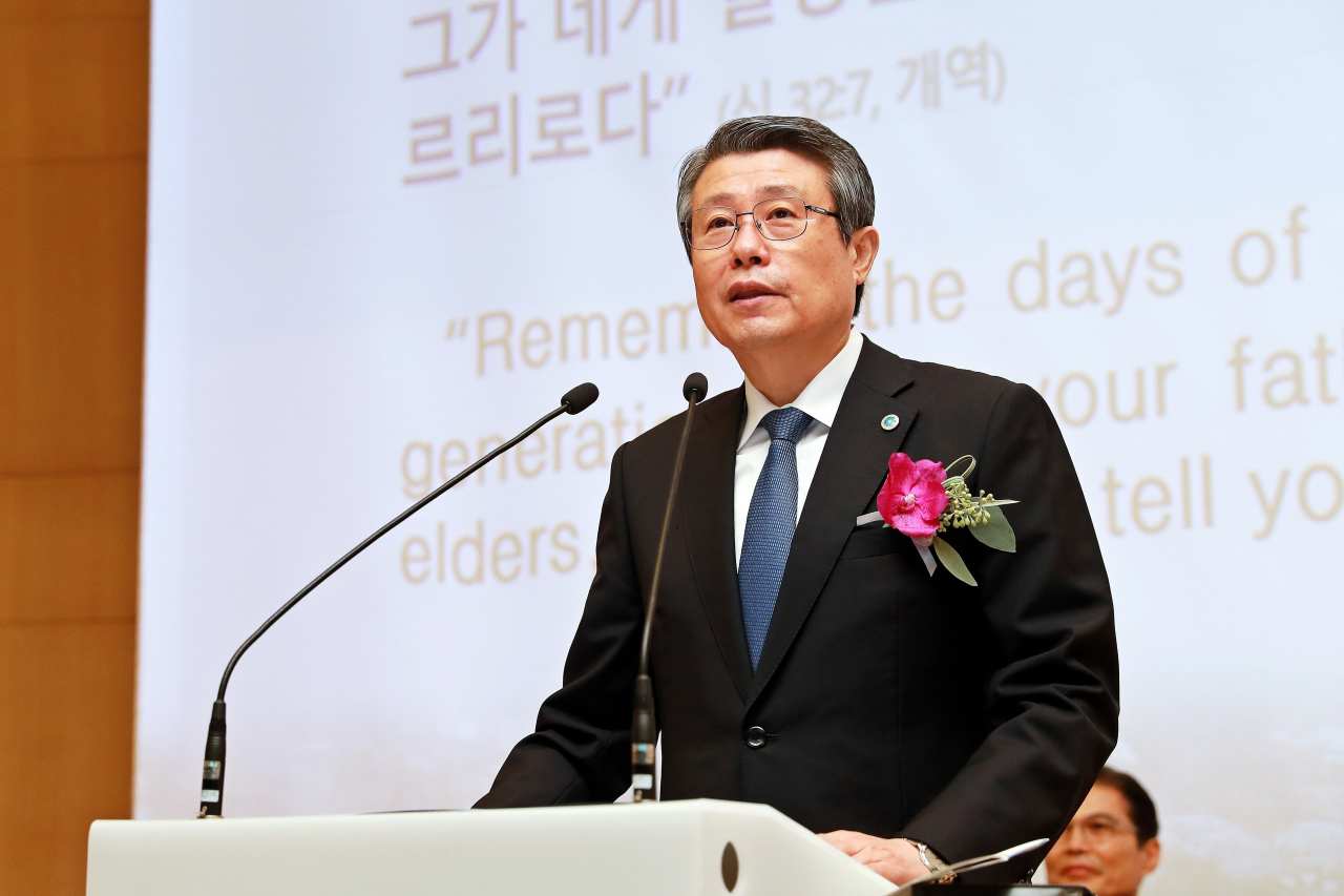 김성익 삼육대 총장이 개교 113주년 기념예배에서 기념사를 하고 있다. [삼육대 제공]