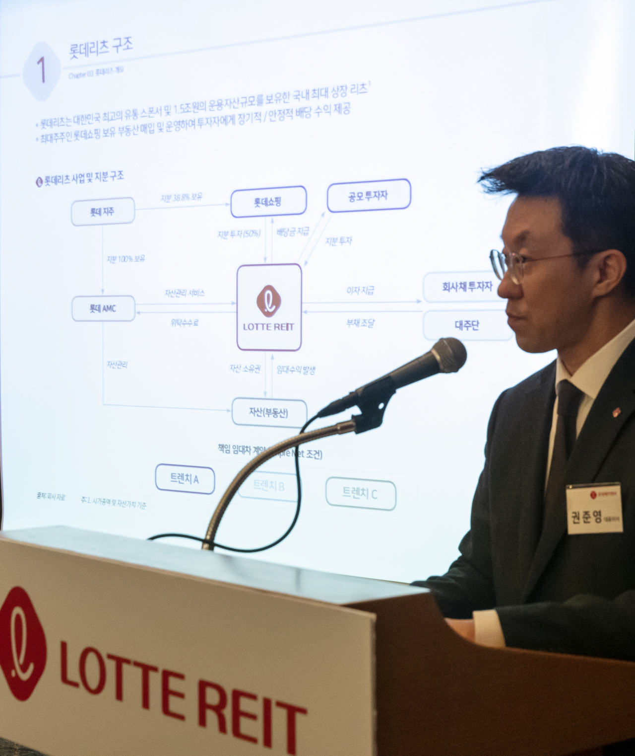 7일 서울 롯데호텔에서 열린 롯데리츠 IPO 기자간담회에서 권준영 롯데AMC 대표이사가 발표를 하고 있다. 연합뉴스