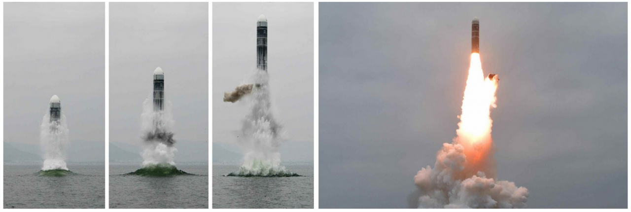 북한은 10일 영국과 프랑스, 독일 등이 북한의 잠수함발사탄도미사일(SLBM) ‘북극성-3형’ 시험발사를 규탄하는 성명을 발표한데 대해 반발하면서 대륙간탄도미사일(ICBM) 맞대응도 가능하지만 자제할 뿐이라고 위협했다. 북한이 지난 2일 동해 원산만 수역에서 북극성-3형을 쏘아올리는 모습. [헤럴드DB]