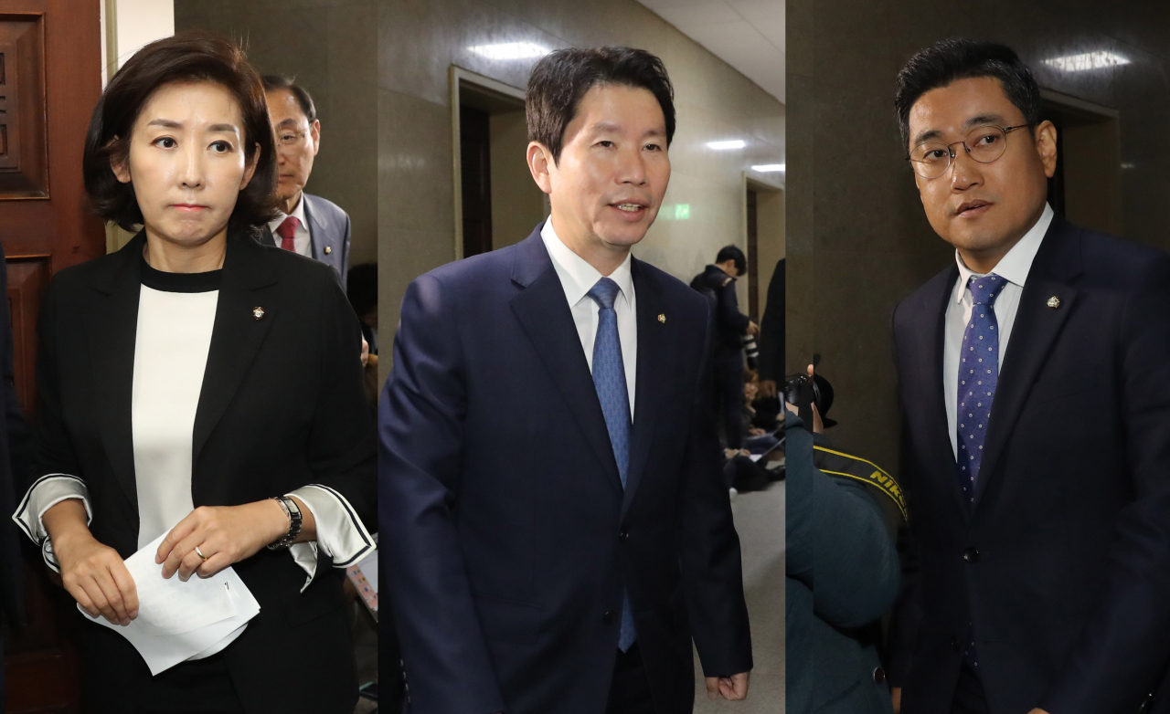 더불어민주당 이인영(가운데), 자유한국당 나경원(왼쪽), 바른미래당 오신환(오른쪽) 원내대표가 14일 오전 사법개혁 법안 처리 방안을 협의하기 위한 원내대표 회동을 하기 위해 국회 운영위원장실에 들어가고 있다. 연합뉴스