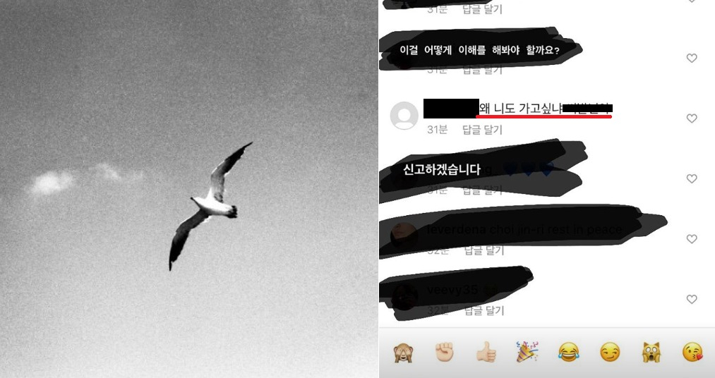 지난 14일 민아가 설리를 추모하며 올린 글(왼쪽)과 이에 달린 악성 댓글. [민아 인스타그램·인스타그램 스토리 캡처]