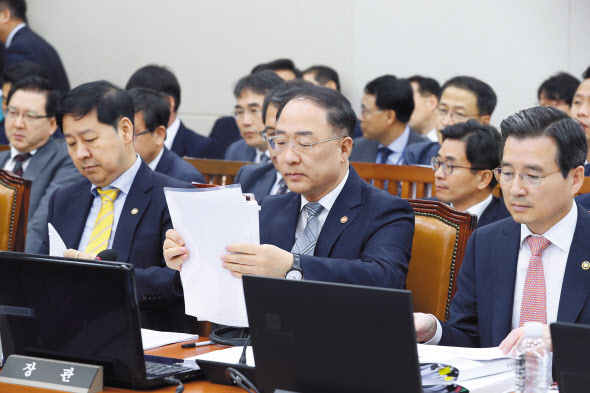 23일 오전 국회에서 열린 기획재정위원회의 기획재정부, 국세청, 관세청, 조달청, 통계청 등의 종합국정감사에서 홍남기 부총리 겸 기재부 장관과 김용범 기재부 1차관, 구윤철 기재부 2차관이 자료를 살피고 있다. 국회 기재위 종합 국감은 24일까지 이틀간 열리며, 이어 내년도 예산안 심사가 본격화한다. [연합]