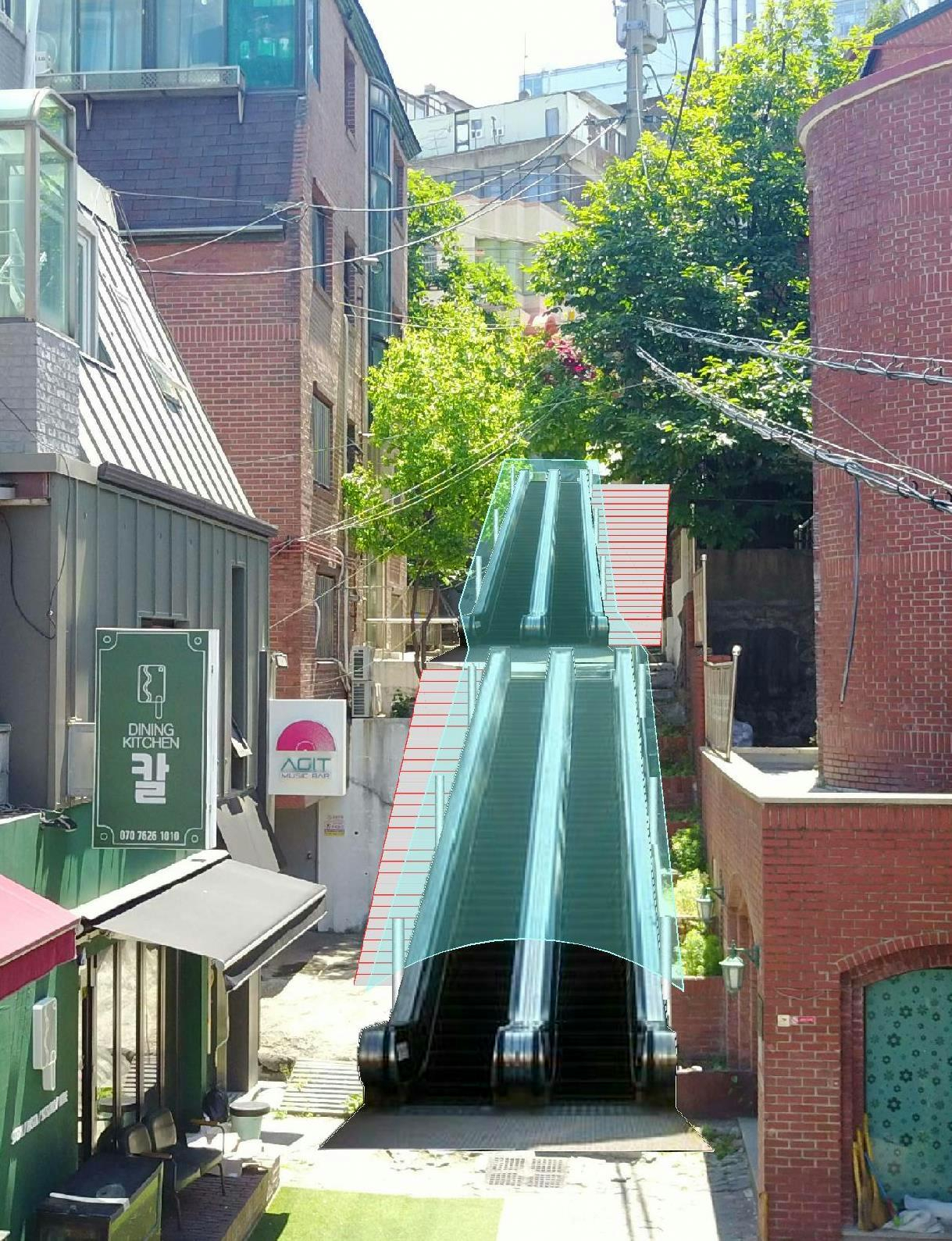 서대문구가 신촌동자치회관과 신촌문화발전소, 창천노인복지센터 등을 이용하는 주민 편의를 위해 가파른 계단을 철거하고 에스컬레이터를 설치한다. 사진은 설치 후 예상 모습. [서대문구 제공]