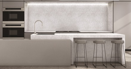 현대L&C의 인조대리서 ‘하넥스’가 시공된 부엌 상판과 탁자.