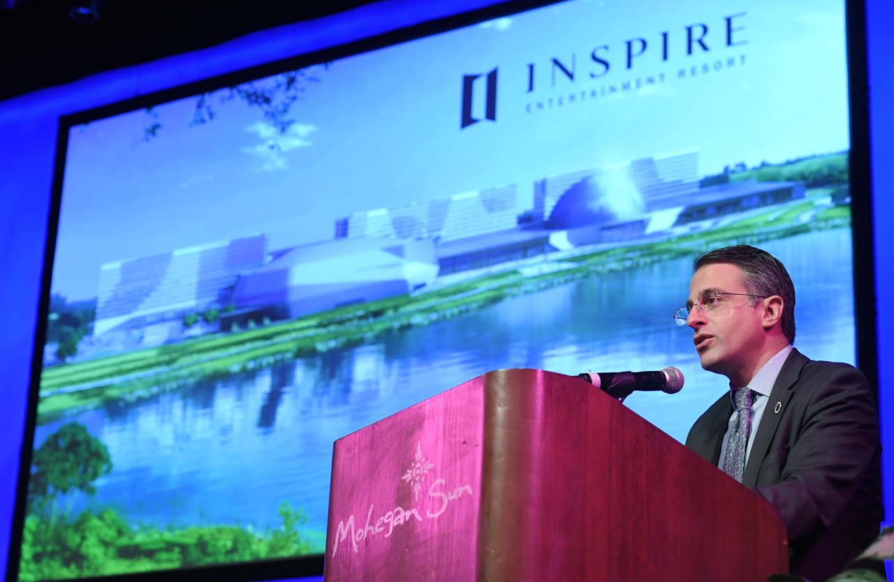 Mohegan Gaming & Entertainment CEO Mario Kontomerkos speaks during a press briefing on the Inspire project at the Mohegan Sun resort in Conneticut, US, Monday. (Yonhap)