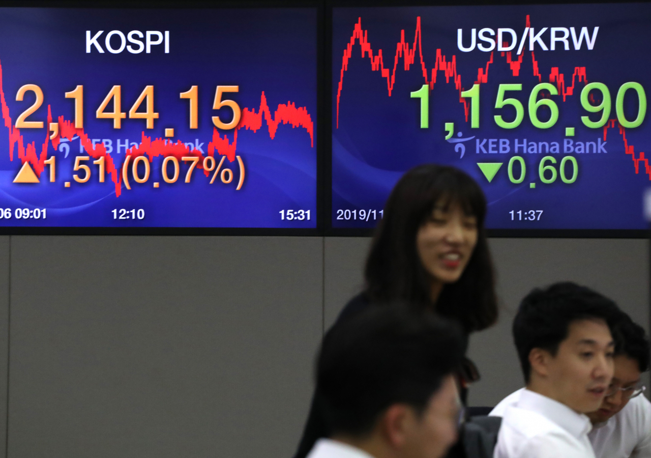 코스피가 1.51포인트 오른 2,144.15로 장을 마감한 6일 서울 중구 KEB 하나은행 딜링룸에서 딜러들이 업무에 한창이다. 연합뉴스