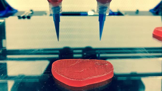A special 3D printer is used to produce steak that can mimic the taste and texture of meat. (Novameat)