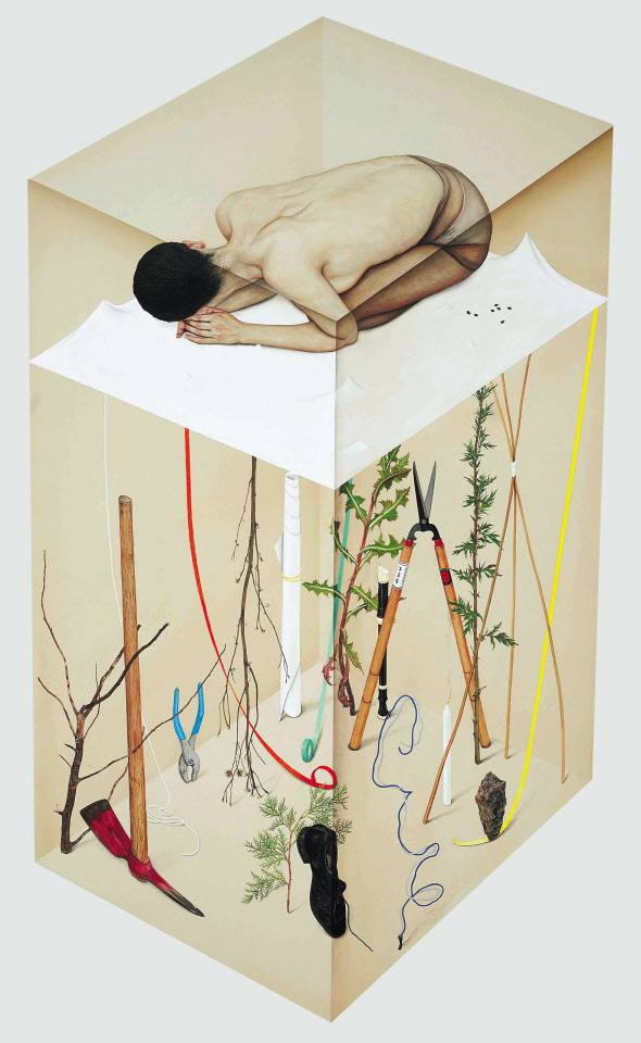 이진주, 들을 수 없는, 210x121cm, 천에 채색, 2019 [누크갤러리 제공]