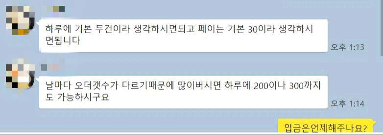 SNS로 보이스피싱 인출책 알바를 모집하는 조직원과의 카카오톡 대화내역 캡처.