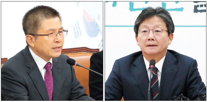 보수통합의 키를 쥐고 있는 황교안 자유한국당 대표(왼쪽)와 바른미래당 비당권파 모임인 ‘변화와 혁신을 위한 비상행동’(변혁) 대표인 유승민 의원. [연합]