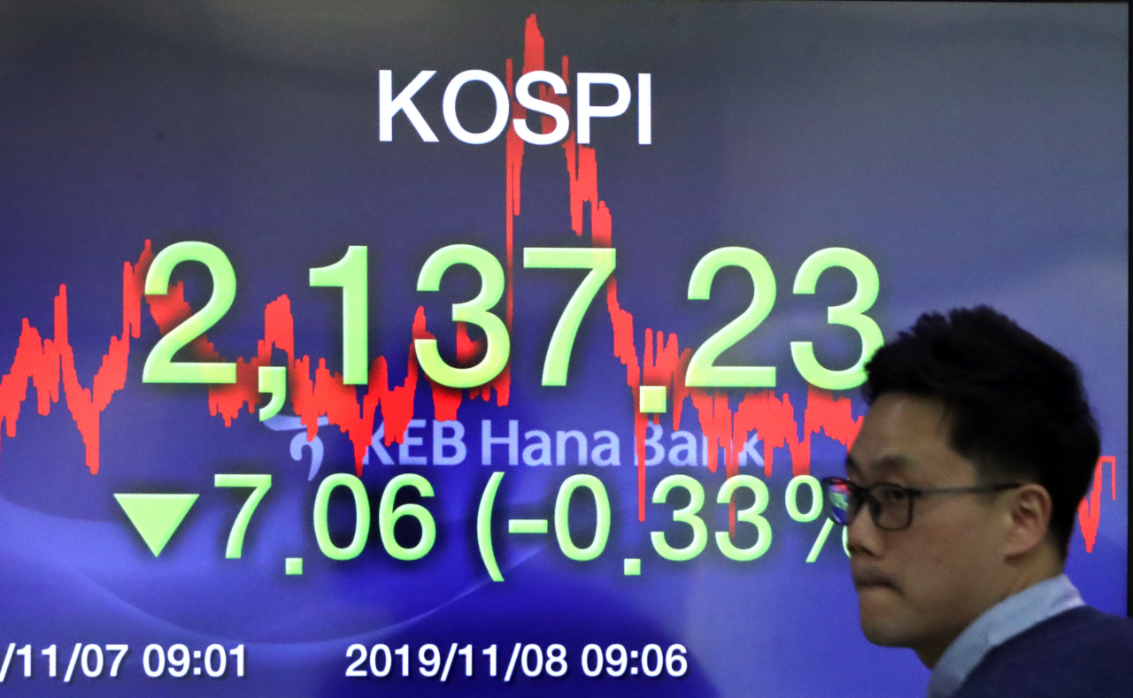 코스피가 7.06포인트 내린 2,137.23으로 장을 마감한 8일 서울 중구 KEB 하나은행 딜링룸에서 한 딜러가 전광판 앞을 지나고 있다. 연합뉴스