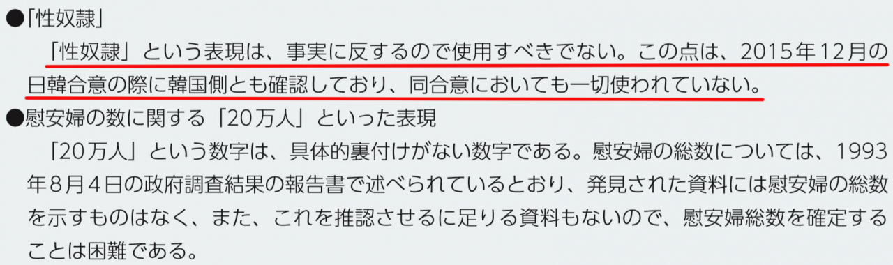 일본 외무성이 펴낸 2019년 외교청서의 일본군 위안부 문제에 관한 코너에“‘성노예’라는 표현은 사실에 반하므로 사용해서는 안 된다. 이런 점은 2015년 12월 일한 합의 때 한국 측도 확인했으며 동 합의에서도 일절 사용되지 않았다”고 기록(붉은 밑줄)돼 있어 논란이 일고 있다. [일본 외무성 제공 외교청서 캡처·연합]