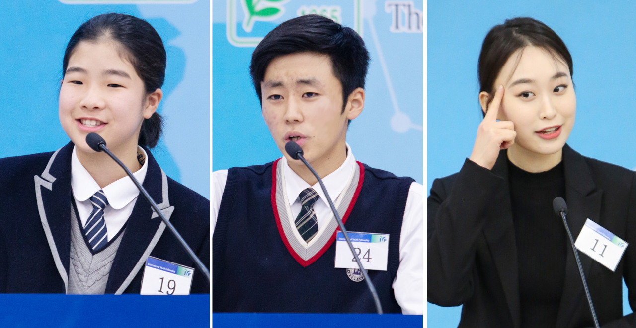 Winners of the 2019 IYF English Speech Contest, from left: Lee Jae-hyun of Cheongju Lincoln House School, Choi Seung-gyu of Daegu Lincoln House School and Hong Sa-hee of Sejong University (IYF)