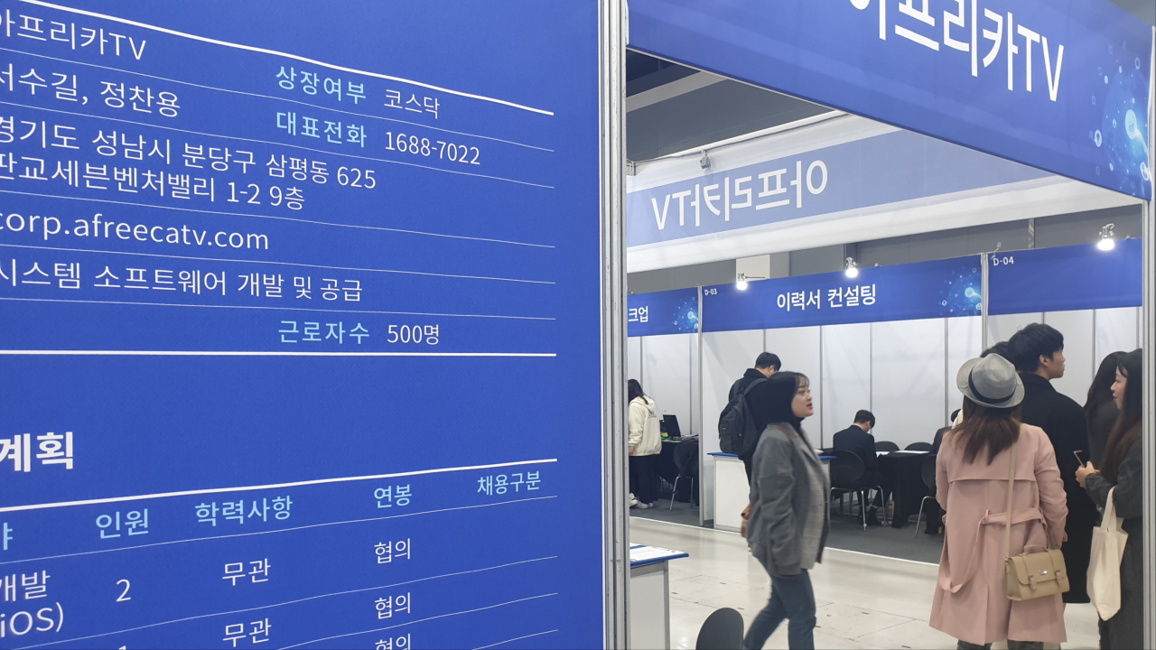 ‘제10회 코스닥·코넥스 상장기업 취업박람회’에서 구직자들이 퍼스널컬러 진단, 취업 타로 등 부대행사를 위해 줄을 선 모습. 김유진 기자/kacew@heraldcorp.com