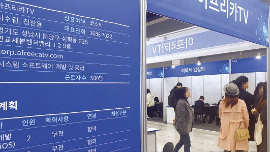 ‘제10회 코스닥·코넥스 상장기업 취업박람회’에서 구직자들이 퍼스널컬러 진단, 취업 타로 등 부대행사를 위해 줄을 선 모습. [김유진 기자/kacew@]