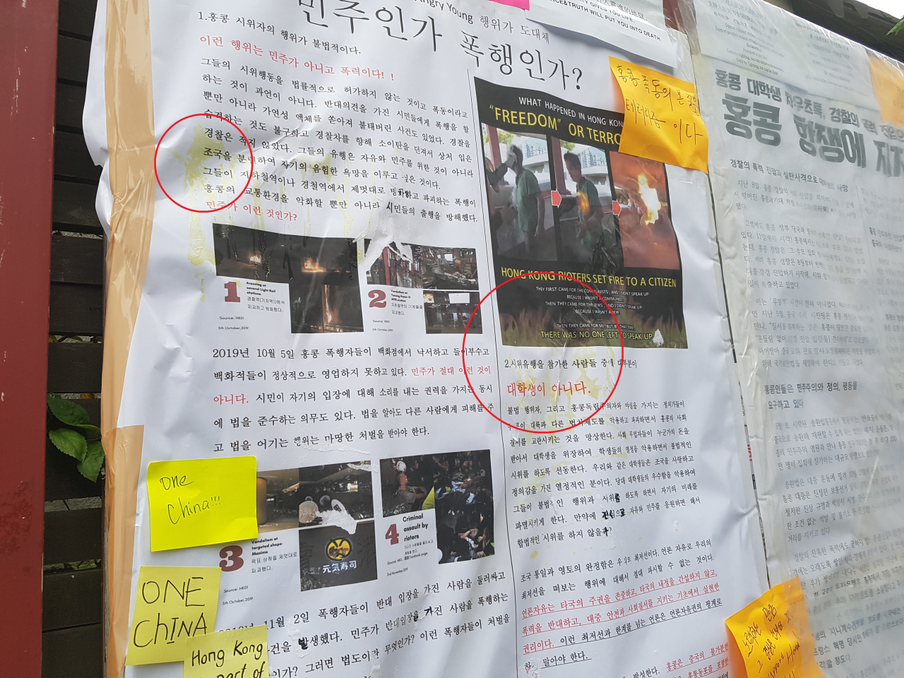 군데군데 계란투척의 흔적이 남은 고려대 정경대학 앞 대자보. [사진=김성우 기자]