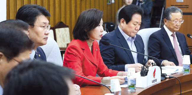 자유한국당 나경원 원내대표(가운데)가 15일 오전 국회에서 열린 원내대책회의에서 발언하고 있다. [연합]