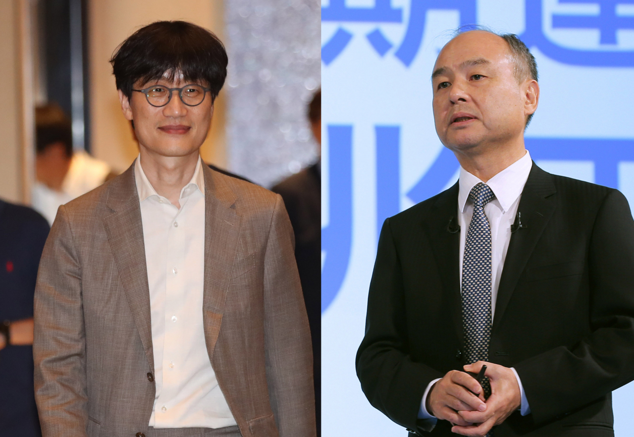 일본 포털업체인 야후재팬이 네이버 일본 자회사인 라인과의 경영 통합을 추진하고 있다. 야후 재팬의 대주주는 40%의 지분을 보유한 소프트뱅크다. 사진은 손정의 소프트뱅크회장(오른쪽)과 이해진 네이버 글로벌투자책임자. [연합뉴스]