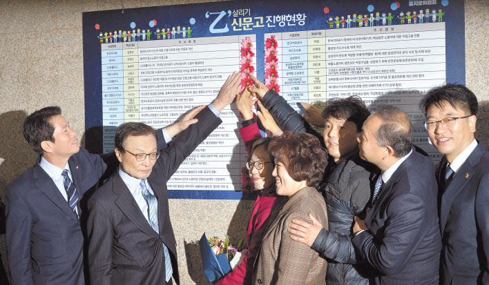 이해찬 더불어민주당 대표와 이인영 원내대표가 18일 국회에서 열린 을지로위원회 상생꽃달기 행사에서 기념촬영을 하고 있다. 정희조 기자/checho@heraldcorp.com