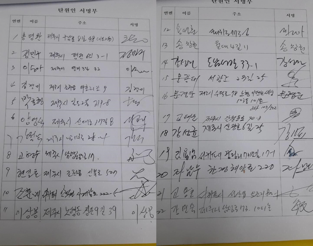 제주특별자치도 의원 22명, 이재명 지사 탄원동참 명단 [이재명범대위 제공]