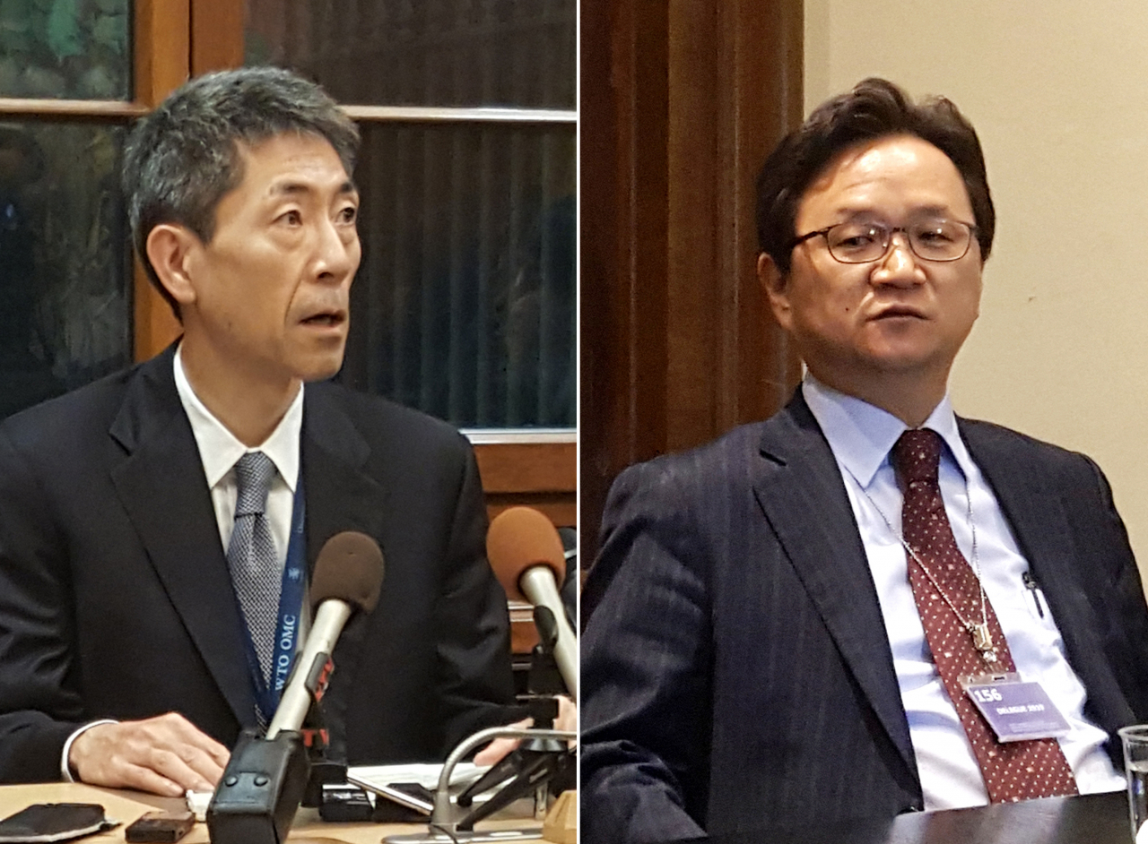 한일 간 2차 양자 협의의 일본 측 수석 대표인 구로다 준이치로 경제산업성 통상기구부장(왼쪽)과 한국 측 수석 대표인 정해관 산업통상자원부 신통상질서협력관이 19일(현지시간) 스위스 제네바 세계무역기구(WTO) 본부에서 각각 언론 브리핑을 열고 협의 결과를 설명하고 있다. 이날 한일 양국은 WTO 무역 분쟁의 첫 단계인 당사국 간 양자 협의를 지난달에 이어 두 번째로 진행했다. ［연합］