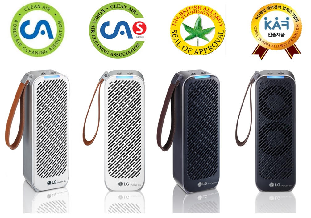 LG 퓨리케어 미니는 한국공기청정협회(Korea Air Cleaning Association), 영국알레르기협회(BAF), 한국천식알레르기협회(KAF)에서 4개의 인증을 받았다. 사진은 LG 퓨리케어 미니와 인증마크.[LG전자 제공]