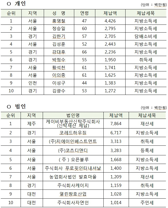 2019년 지방세 고액상습체납자 명단. [행안부 제공]