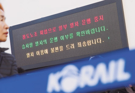 전국철도노동조합(철도노조)이 20일 오전 9시부터 안전인력 충원·인건비 정상화 등을 요구하며 무기한 파업에 돌입한 가운데 서울역 대합실에 철도노조 파업을 알리는 안내문이 전광판에 나오고 있다. 이상섭 기자/babtong@heraldcorp.com